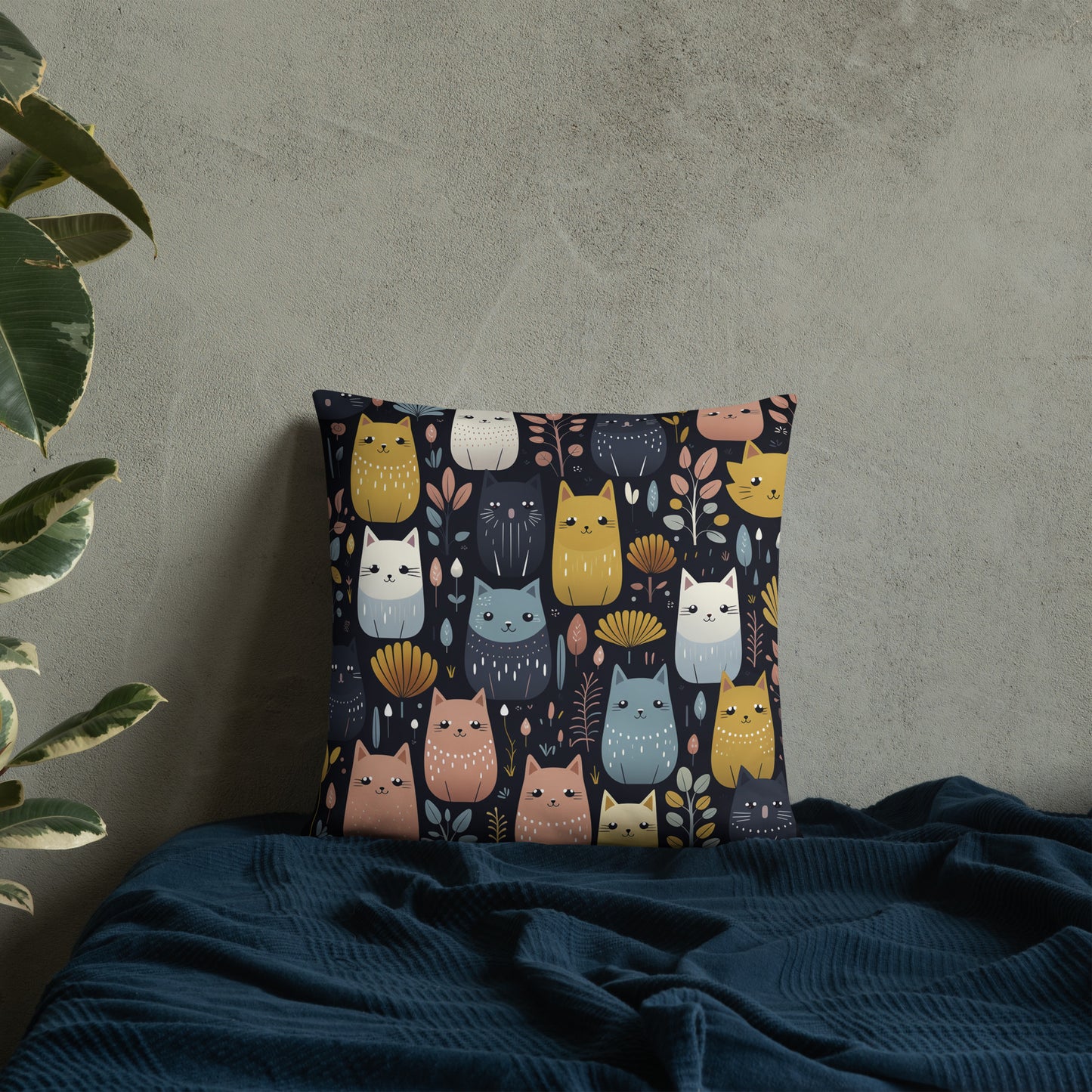 Cat Throw Pillow Feline Fiesta Cartoon Cats and Flowers Polyester Decorative Cushion 18x18