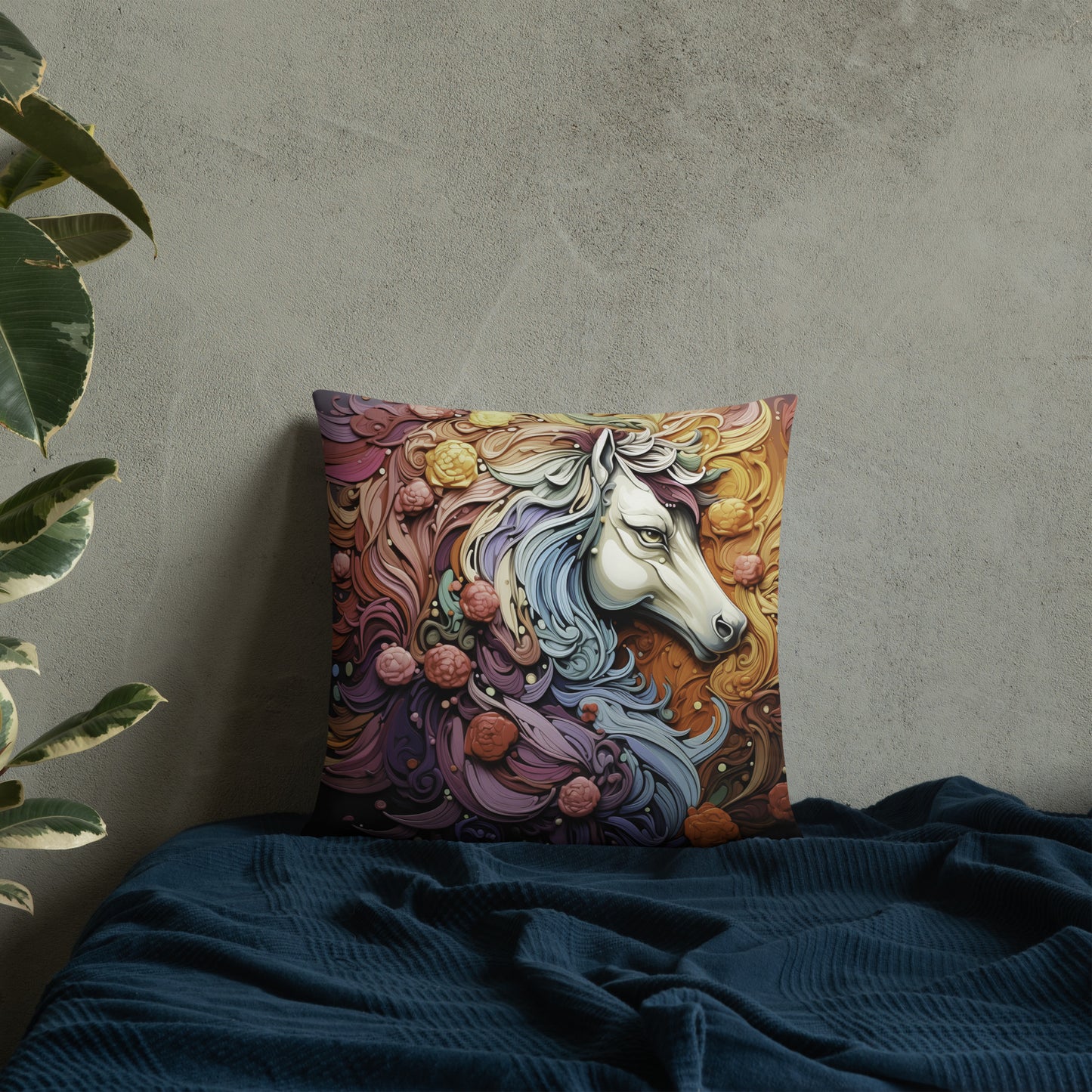 Horse Throw Pillow Sculptural Painted Horse and Roses Polyester Decorative Cushion 18x18