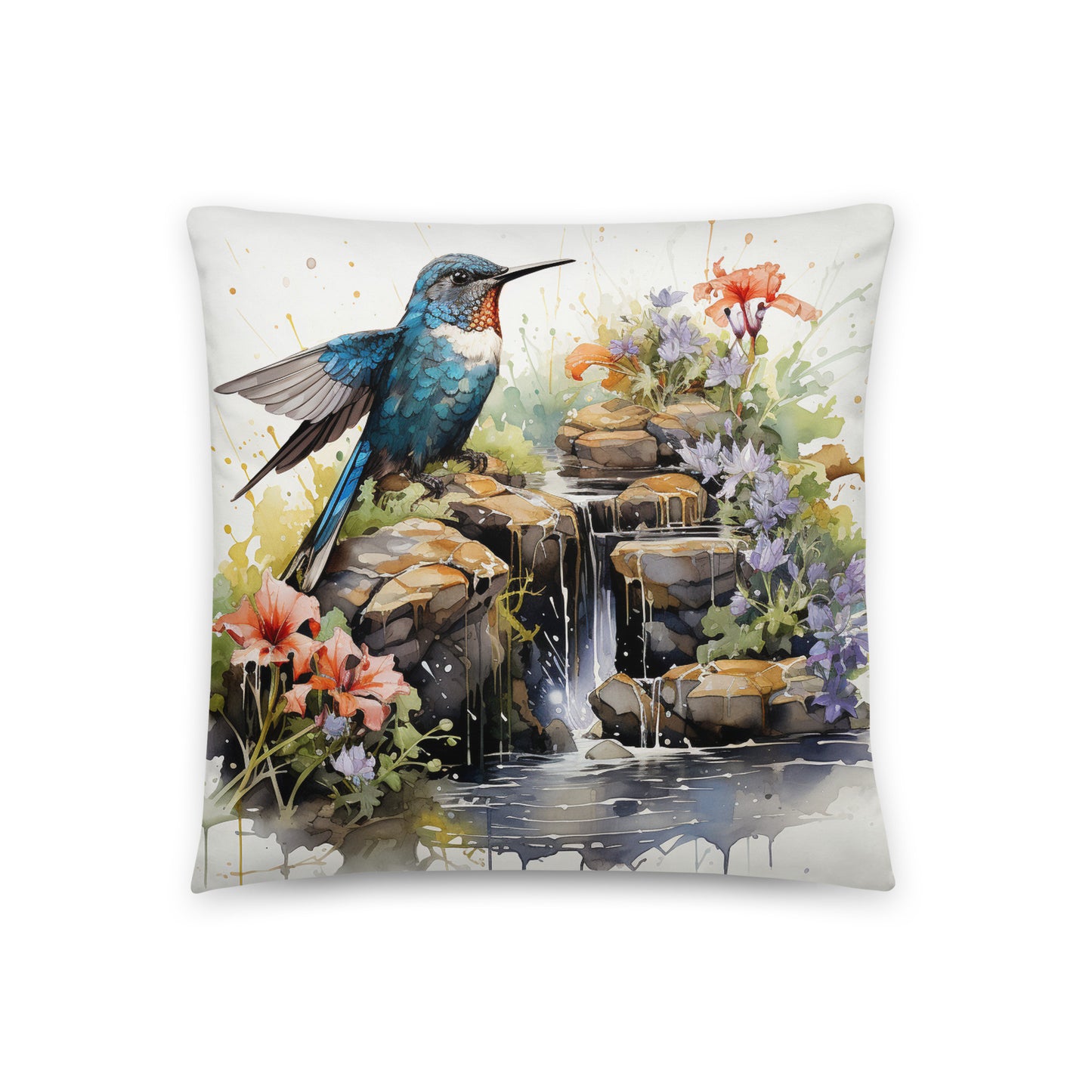 Bird Throw Pillow Hummingbird Garden Oasis Polyester Decorative Cushion 18x18