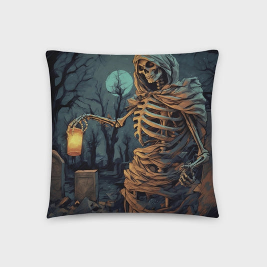 Halloween Throw Pillow Glaring Skeleton Graveyard Lantern Polyester Decorative Cushion 18x18