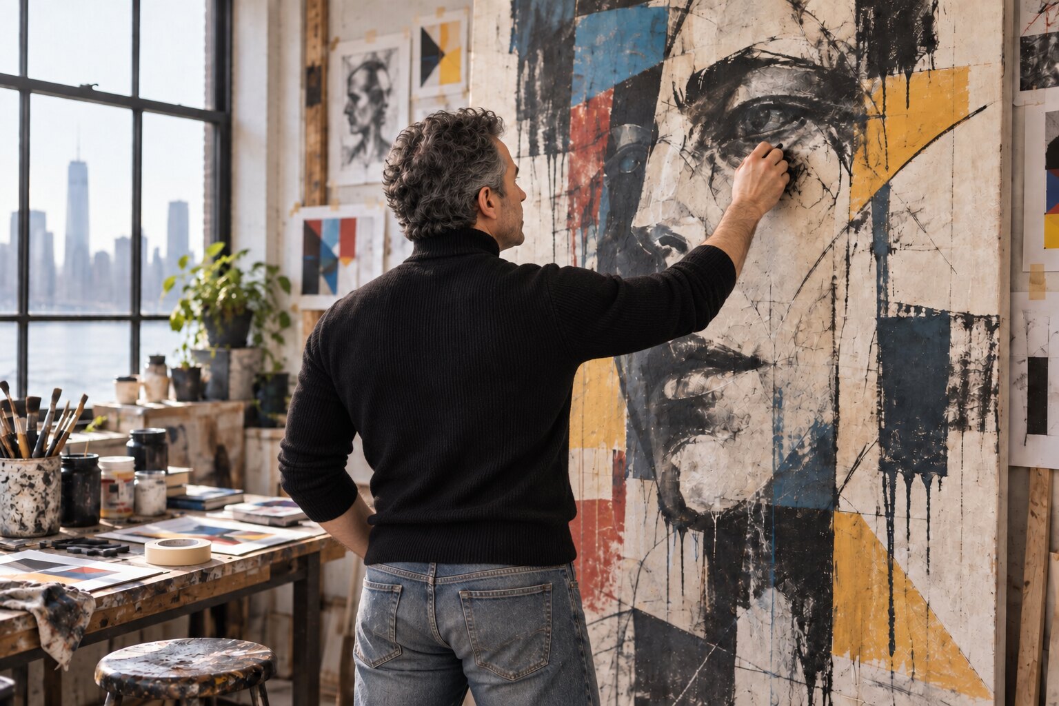 Editorial concept of Johno in a black half-turtleneck and faded jeans while working from behind on a monumental geometric portrait