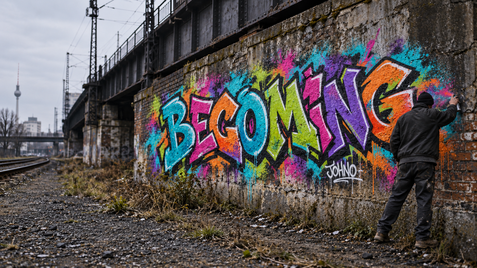 Editorial reconstruction of a back-facing artist painting a colorful BECOMING mural, signed JOHNO, beside Berlin railway tracks around 2000.